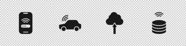 设置移动无线无线智能汽车系统云上传和数据服务器图标 — 图库矢量图片