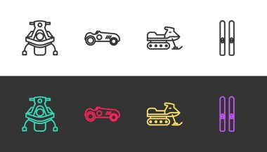 Çizgi çizgisi Snowmobile, klasik spor yarış arabası, ve kayak ve siyah beyaz çubuklar. Vektör.