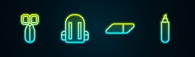 Çizgi makas, okul çantası, silgi kauçuk ve işaret kalemi. Parlayan neon ikonu. Vektör.