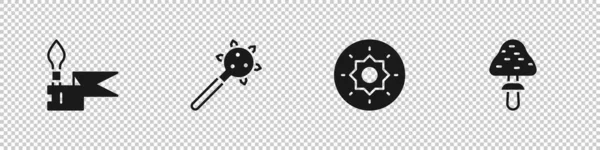 Ortaçağ mızraklı biber gazını sivri uçlu kalkan Viking ve mantar ikonu ile ayarla. Vektör.