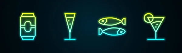 Σετ Μπυραρία Ποτήρι Σαμπάνια Αποξηραμένο Ψάρι Και Ποτήρι Μαρτίνι Φωτεινό — Διανυσματικό Αρχείο