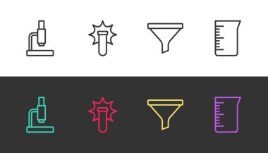 Şerit mikroskop, kimyasal patlama huni ya da filtre ve laboratuvar cam deney tüpünü siyah ve beyaza ayarla. Vektör.