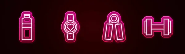 Set Line Fitness Shaker Smartwatch Sport Expander Dumbbell Glowing Neon — Stock Vector