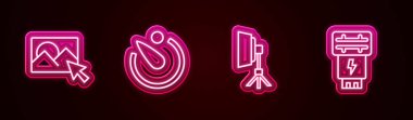 Hattı ayarla. Fotoğraf rötuşlama, kamera zamanlayıcısı, Softbox ışığı ve kamera flaşı. Parlayan neon ikonu. Vektör.