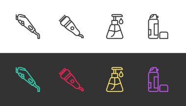 Elektrikli saç makası, krem kozmetik tüp ve siyah beyaz tıraş köpüğü. Vektör.