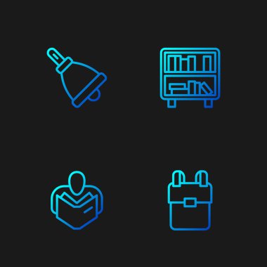 Sıralı okul çantası, kitap okuyan adam, kitaplı zili ve rafı çalan. Renk simgeleri. Vektör.