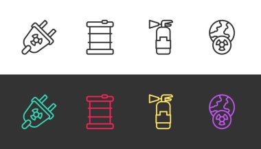 Radyasyon elektrik kablosu, varilde radyoaktif atık, yangın söndürücü ve Dünya Gezegeni 'ni siyah-beyaz radyasyona ayarlayın. Vektör.