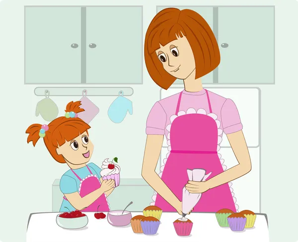 Mãe e sua filha cozinhar na cozinha —  Vetores de Stock