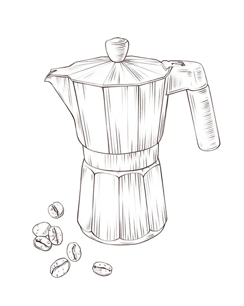 Moka Pot Kahve Çekirdeklerinin Çizimi — Stok fotoğraf