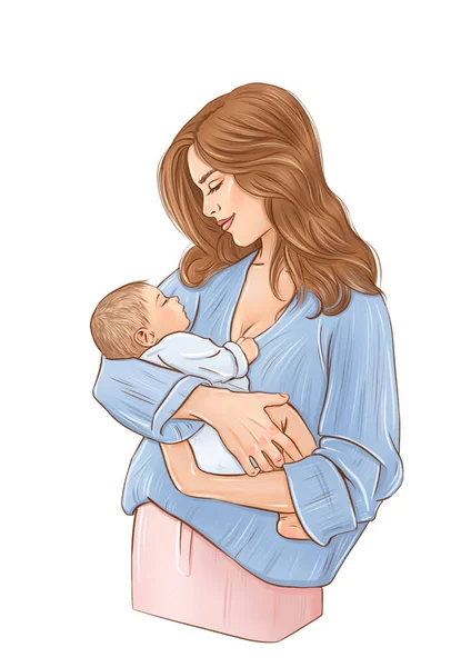Mamma Con Neonato Illustrazione Con Una Donna Maglione Blu Che — Foto Stock