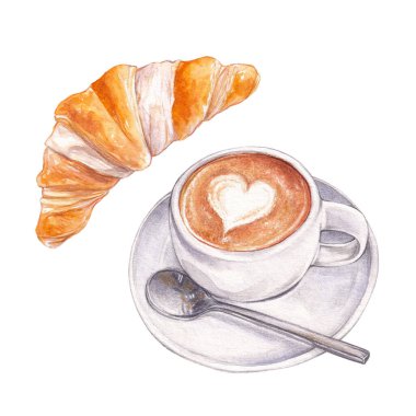 Watercolor cup of coffee and croissant