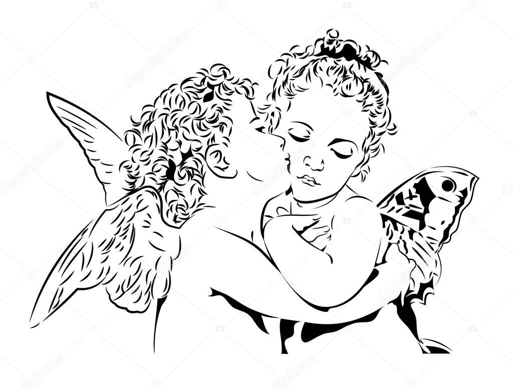 Couple of kissing angels, cute kids with wings, vector 