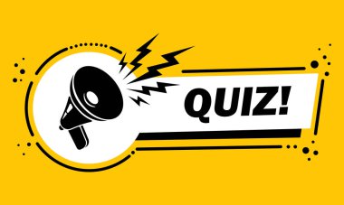 Quiz konuşma balonu pankartlı megafon. Hoparlör. İş, pazarlama ve reklam için etiket. İzole edilmiş arkaplanda vektör. EPS 10.