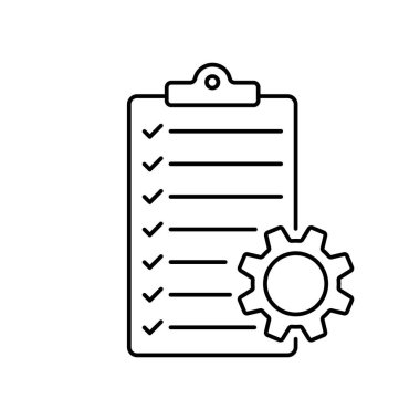 Checklist with gear icon. Software development. Technical support check list icon. Management concept. Vector on isolated background. EPS 10.