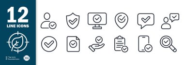 İşaretleme simgeleri kümesi. Bir insanla yazışıyorum. Doğru cevabı bulmak. Kalkan, monitör, telefon ve büyüteç işaretleri. vektör 10.