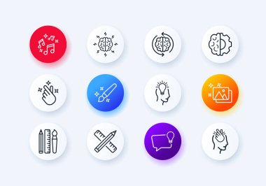 Beyin çalışma simgeleri ayarlandı. Yeni fikirler. Kararları düşünüyorum. Kararları vermek. İlham. Neomorfizm tarzı. vektör 10.