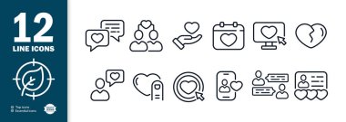 Aşk ikonu seti. Aşk yazışmaları. Takvimdeki tarih. Bir kalp ver. Aşkı ara. Vektör 10