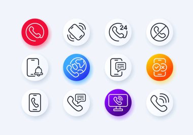 İletişim simgeleri ayarlandı. 7 'ye 24 yardım. Teknik destek. Telefon iletişimi. Hatırlatma. Arıyorum. Neomorfizm biçimi.