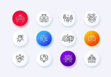 Sanal gerçeklik simgeleri ayarlandı. Sanal alan. Panorama. Uzayda oryantasyon. En yeni teknolojiler. Eğlence zamanı. Sanal gerçeklik kaskı. Üç boyutlu nesneler. 360 derece. Neomorfizm biçimi