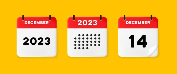 日历图标 12月2023 14天 等待一个重要日期的概念 有凸起页的日历 红色日历在黄色背景上隔离 3D矢量说明 — 图库矢量图片