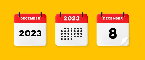 日历图标 12月2023年8天 等待一个重要日期的概念 有凸起页的日历 红色日历在黄色背景上隔离 3D矢量说明 — 图库矢量图片