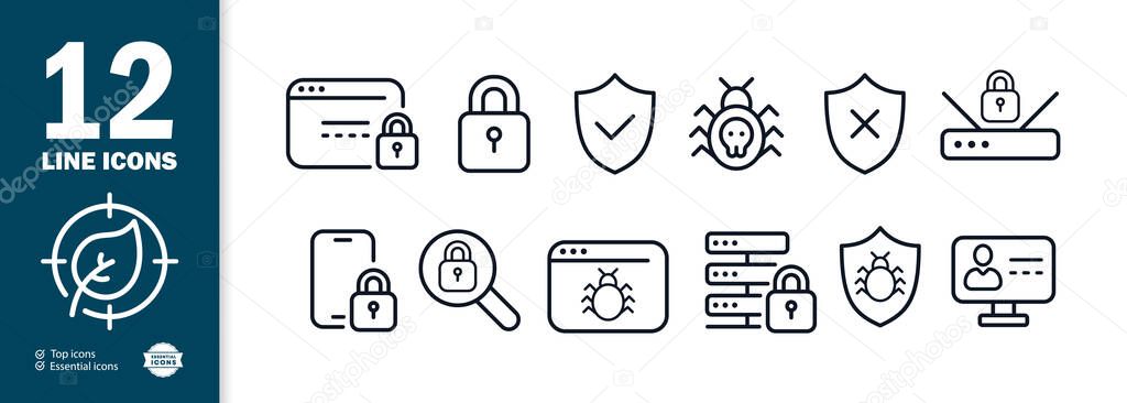 Virus protection icons set. Virus. Antivirus. Protection of the site, server, phone and PC. Vector eps 10.
