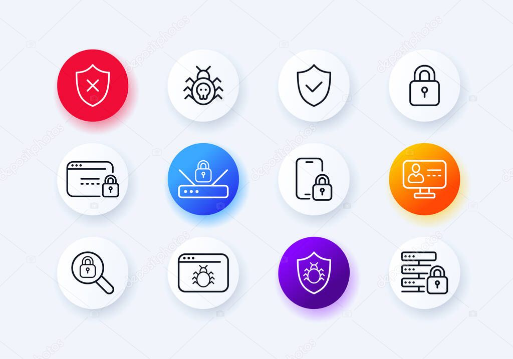 Virus protection icons set. Virus. Antivirus. Protection of the site, server, phone and PC. Neomorphism style Vector eps 10.