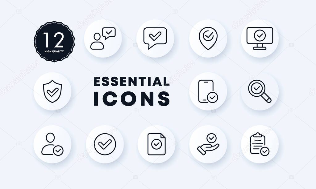 Consent icons set. Successful online purchase. PC is clean. Search for errors. Correct message. The payment went through successfully. Neomorphism style. vector eps 10