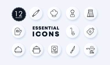 Yemek pişirme ikonu. Merdane, şef şapkası, menü, eldiven, tencere, kepçe, bıçak, kızartma tavası, yemek, akşam yemeği. Yeme konsepti. Neomorfizm tarzı. İş ve Reklamcılık için vektör satırı simgesi