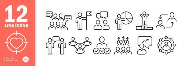 Pictogram simgesi ayarlandı. Geri bildirim, geri bildirim, bayrak, başarı, pasta grafiği, bağlantı, ilişki, bir grup insan. Bilgi konsepti. İş ve Reklamcılık için vektör satırı simgesi