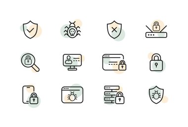 Ağ güvenliği simgesi ayarlandı. Şifre, dosya koruması, antivirüs, şifreler, internet, kilit, web sitesi, vs. Hacker konsepti. İş ve Reklamcılık için vektör satırı simgesi