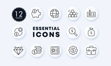 Para set simgesi. Domuz kumbarası, dolar, altın, mübadele, kasa, banka, çanta, elmas, kese, maaş vesaire. Alışveriş konsepti. Neomorfizm tarzı. İş ve Reklamcılık için vektör satırı simgesi