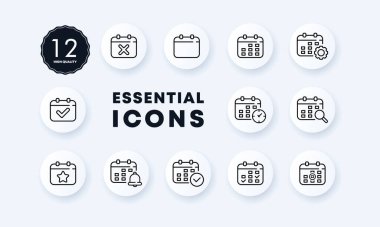 Takvim simgesi ayarlandı. Çapraz takvim, saat, arama, büyüteç, kene, yıldız, dişli, vs. Randevu yönetimi konsepti. Neomorfizm tarzı. İş ve Reklamcılık için vektör satırı simgesi