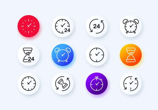 セットアイコンを見てください 目覚まし時計 砂時計 ストップウォッチ リマインダーなどの周り 時間管理の概念 新同型スタイル ビジネスと広告のベクトルラインアイコン — ストックベクタ