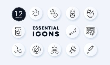 Narkotik maddeler ikon oluşturdu. Esrar, kenevir, marihuana, tütün, sigara, enjeksiyon, yasallaşma. Tıbbi amaçlar için ilaçlar. Neomorfizm tarzı. İş ve Reklamcılık için vektör satırı simgesi