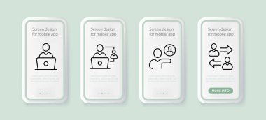 Infographic set simgesi. Bilgisayardaki adam, bilgi alışverişi, öğrenme, oklar, çizelgeler. Veri analiz konsepti. İnsanlarla UI telefon uygulaması ekranları. İş ve Reklamcılık için vektör satırı simgesi