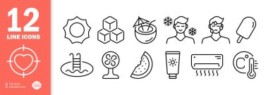 Dinlenme ikonu. Güneş, buz, kokteyl, limonata, sıcak, ter, dondurma, yüzme havuzu, vantilatör, karpuz, klima, karpuz vs. Yaz kavramı. İş ve Reklamcılık için vektör satırı simgesi