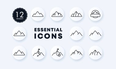 Dağ seti simgesi. Kaya, tepe, yükseklik, dağcı, amblem, turizm, manzara, rota, bayrak. Dağ konsepti Neomorfizm tarzı. İş ve Reklamcılık için vektör satırı simgesi