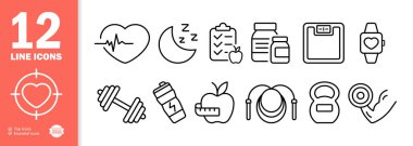 Spor seti simgesi. kalp atışı, uyku, nabız, elmalar, dambıl, enerji içeceği, ip atlama, figür, atletizm vs. Sağlıklı yaşam tarzı kavramı. İş ve Reklamcılık için vektör satırı simgesi