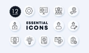 Set simgesi ayarlanıyor. dişli, konfigürasyon, değişim, işçi, tamirci, kitap, inşaatçı, konfigüratör. Kurgu konsepti. Neomorfizm tarzı. İş ve Reklamcılık için vektör satırı simgesi