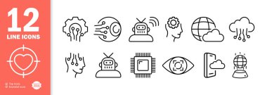 Pictogram simgesi ayarlandı. Bulut deposu, robot, analitik, göz, hafıza, işlemci, teknoloji. Bilgi konsepti. İş ve Reklamcılık için vektör satırı simgesi