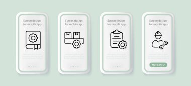 Set simgesi ayarlanıyor. Dizin, ayar, sağlayıcı, emlakçı, pano, dişli, onarım vesaire. Düzeltme konsepti. İnsanlarla UI telefon uygulaması ekranları. İş ve Reklamcılık için vektör satırı simgesi