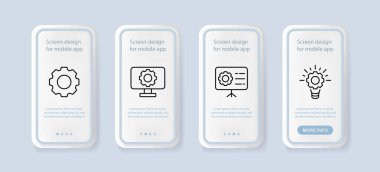Ayarlama simgesi. Vites, lamba, konfigürasyonlar, ayar, tasarım, proje, uygulama. Problem çözme konsepti. İnsanlarla UI telefon uygulaması ekranları. İş için vektör satırı simgesi