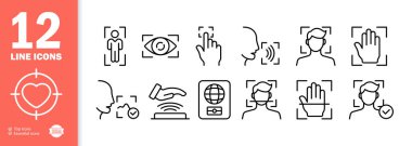 Tanımlama simgesi belirlendi. Biyometri, parmak izi tanıma, ses tanıma, dış görünüş, yabancı pasaport vs. Doğrulama konsepti. İş ve Reklamcılık için vektör satırı simgesi