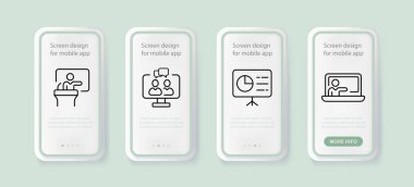 Çevrimiçi eğitim simgesi. Öğretmen, üniversite, çift, ders, materyal, konferans, sunucu, akıllı kurul, bölüm. Öğrenme konsepti. İnsanlarla UI telefon uygulaması ekranları. İş için vektör satırı simgesi
