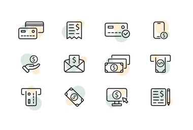 Banknote simgesi belirlendi. Banka, ATM, dolar, kart, terminal, alım, sipariş, kazanç, kredi kartı, banka kartı ve para kartı makbuzu. Ödeme konsepti. İş ve Reklamcılık için vektör satırı simgesi