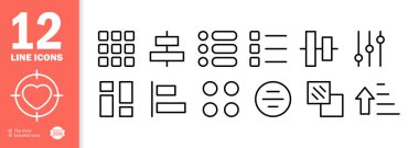 Grafikler simgeyi ayarlıyor. Tablolar, sütunlar, sıralar, sürgüler, kontroller, oklar, şekiller, daireler. Sunumlar için düğmeler. Veri analiz konsepti. İş için vektör satırı simgesi