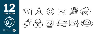 Fotoğraf seti simgesi. Kamera, lens, 3D nesne, galeri, manzara, geliştirme, bulut depolama, hasat, efektler, hizalama. Fotoğraf konseptiyle çalış. İş ve Reklamcılık için vektör satırı simgesi