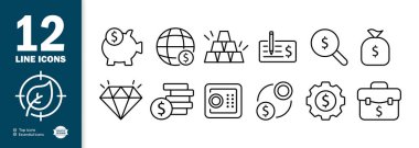 Para set simgesi. Domuz kumbarası, banka, altın, çek, dinamit, bozuk para, ayar, bavul, büyüteç, gelir. Maaş konsepti. İş ve Reklamcılık için vektör satırı simgesi