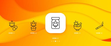 Tıp seti simgesi. Uyuşturucu, tütün, kenevir, marihuana, esrar, sigara, enjeksiyon, yasallaşma, rahatlama, dinlenme. Simgeli bilgi zaman çizelgesi ve İş ve Reklamcılık için 5 adım vektör satırı simgesi
